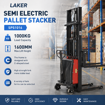 Arbeidsbesparende semi-elektrische stapelaar van 1 ton en 1,6 m voor het hanteren van magazijnpallets